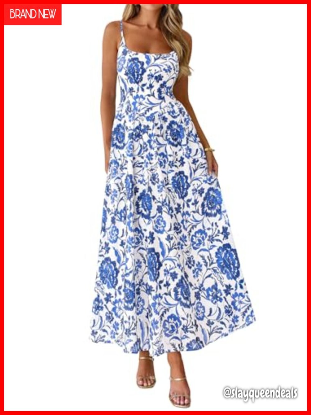 Women's Boho Maxi Dress A Line Eyelet Floral Sundress Square Neck Sleeveless
